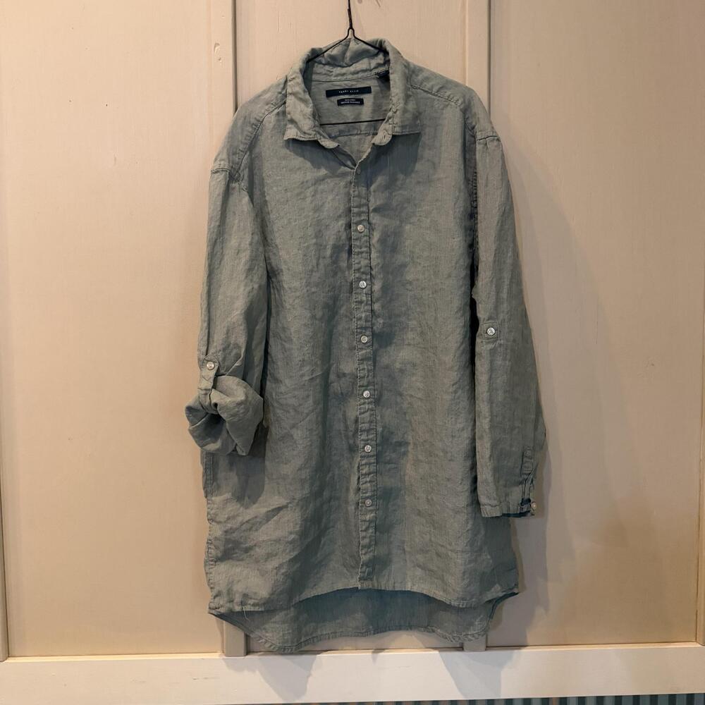 Perry Ellis Shirt Mens XLT Green 100% Linen Button Up Long Sleeve Tall Casual